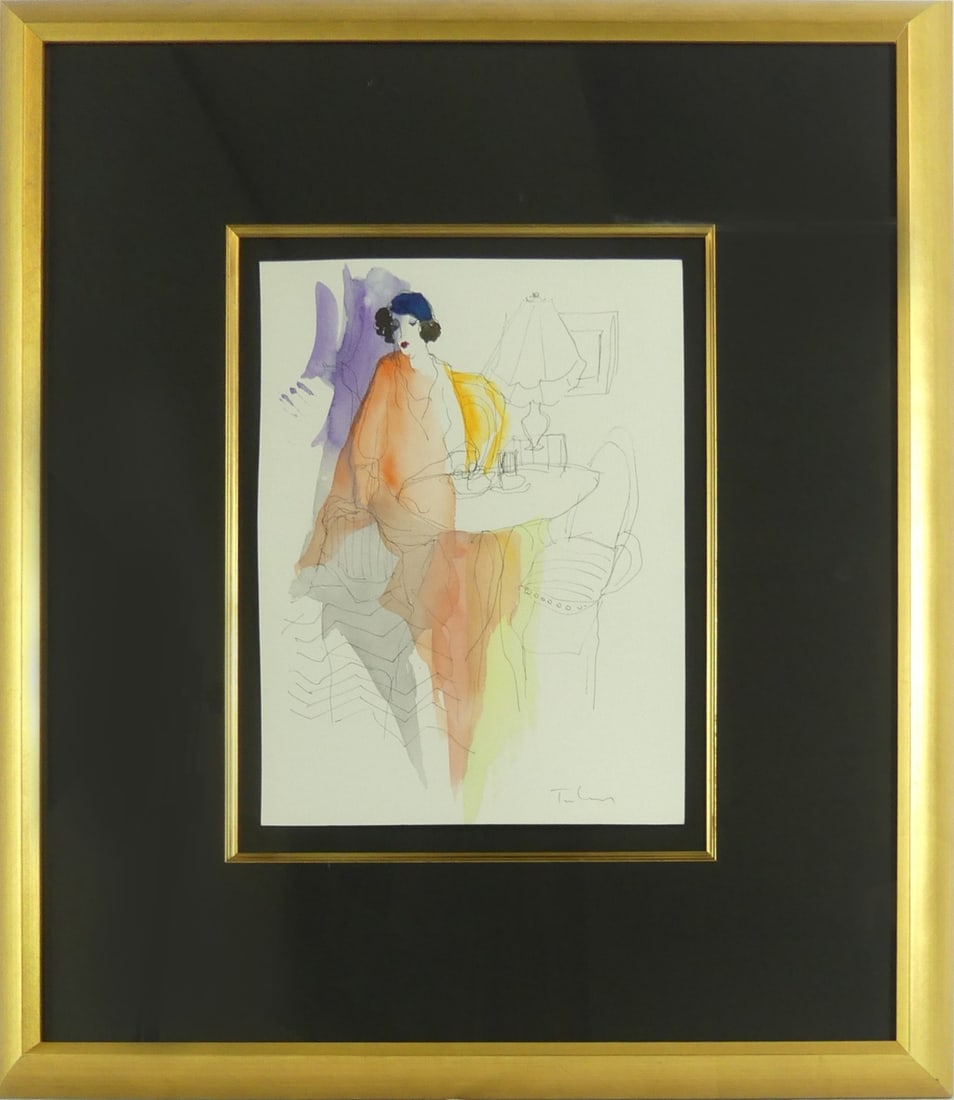 ITZCHAK TARKAY PENCIL & WATERCOLOR ON PAPER: Itzchak Tarkay pencil drawing with watercolor on paper depicting a woman seated at a table in a parlor. Signed lower right. Sheet measures 12" x 9". Frame measures 23 3/4" x 20 3/4" x 1 1/4".
