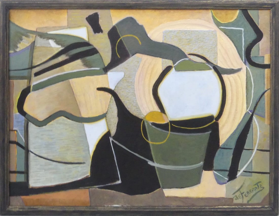 MARIO DE FERRANTE OIL PAINTING ON CANVAS: Mario De Ferrante oil painting on canvas depicting an abstract composition. Signed lower right. Viewable measures 39 1/2" x 29 1/2". Frame measures 42 1/2" x 32 1/4" x 1 1/2".