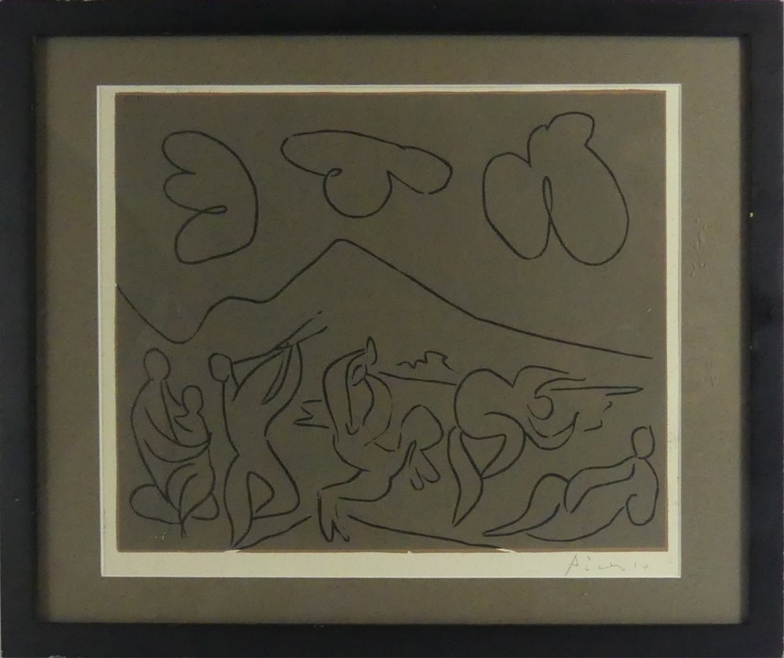 PABLO PICASSO 'BACCHANALE' SIGNED LINOCUT: Pablo Picasso 'Bacchanale' linocut. Pencil signed lower right. Viewable measures 13 1/4" x 11 1/4". Frame measures 18" x 15" x 1 1/4".
