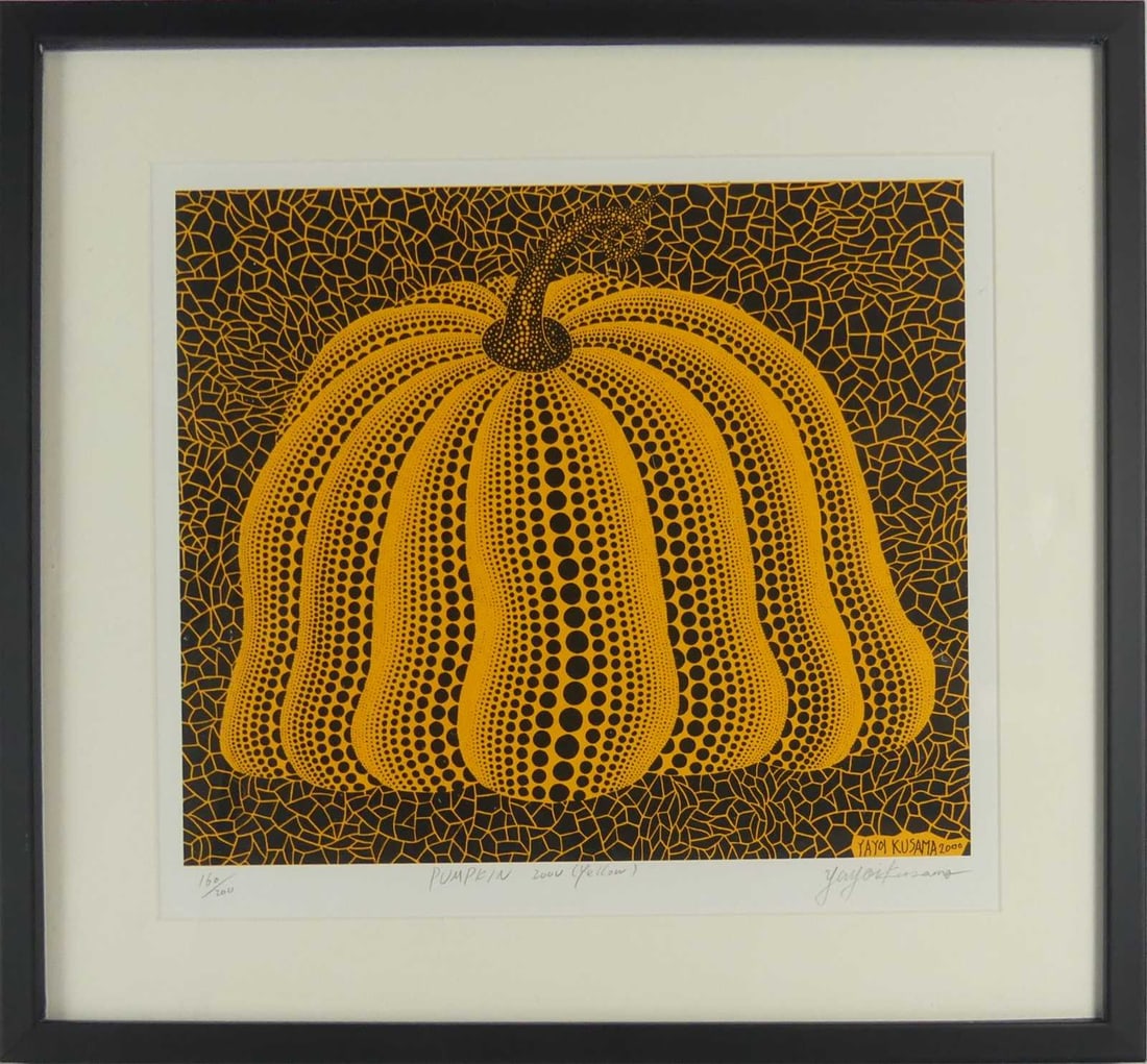YAYOI KUSAMA 'PUMPKIN 2000 (YELLOW)' SCREENPRINT: Yayoi Kusama 'Pumpkin 2000 (Yellow)' screenprint. Pencil signed lower right. Numbered 160/200 lower left. Titled lower center. Viewable measures 14 3/4' x 13 1/8". Frame measures 20" x 18 1/2" x 1 1/4