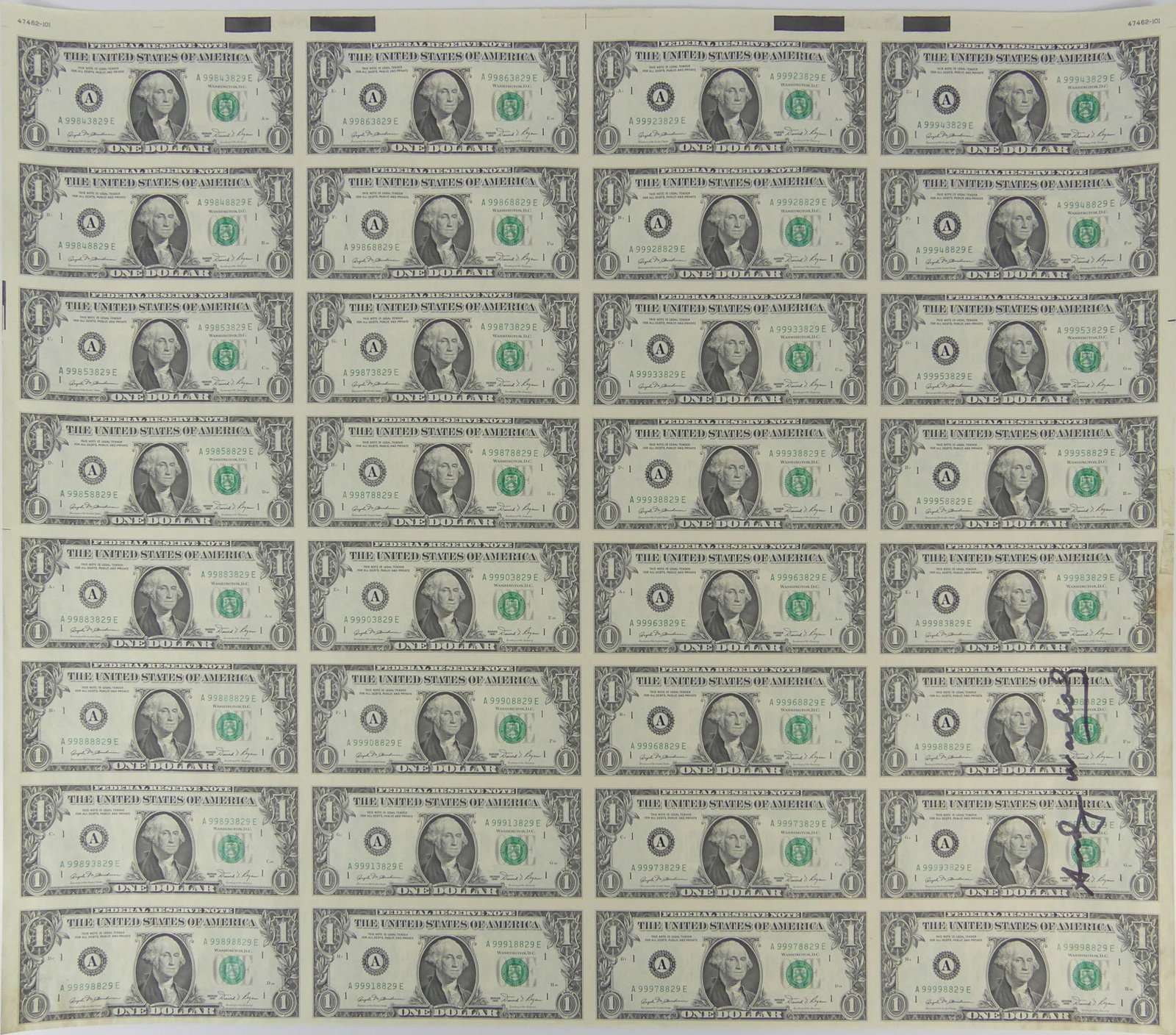 32 ONE DOLLAR NOTES (UNCUT) SIGNED ANDY WARHOL (1 of 6)