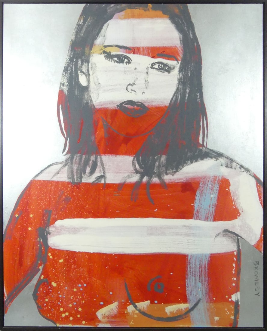 DAVID BROMLEY 'ELISA' ACRYLIC & GOLD LEAF / CANVAS: David Bromley (English, b. 1960) acrylic and gold leaf painting on canvas. Signed lower right. Titled 'Elisa', dated 2003 and holds gallery label to verso. Viewable measures 59 1/4" x 47". Frame measu