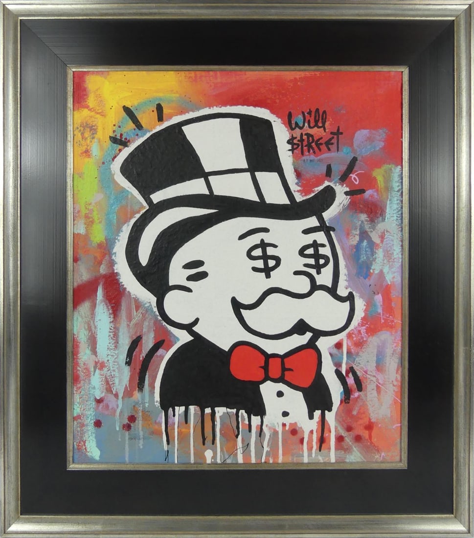 WILL STREET 'MONOPOLY DOLLAR SIGNS' ACRYLIC: Will Street 'Monopoly Dollar Signs' acrylic painting. Appears to be on canvas board. Signed upper right. Includes certificate of authenticity and ink drawing to verso. Viewable measures 21" x 17 1/2".
