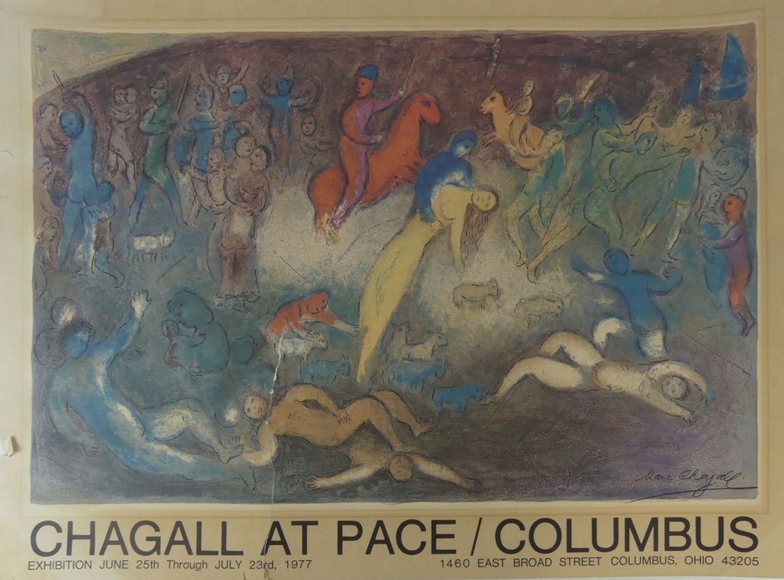 MARC CHAGALL 'CHAGALL AT PACE / COLUMBUS' SIGNED: Marc Chagall 'Chagall at Pace / Columbus' offset lithographic exhibition poster. Pencil signed lower right. Sheet measures 33 1/2" x 25". Note: damaged, see photos.