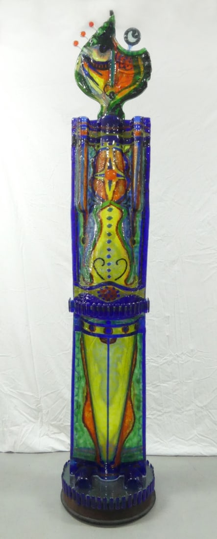 SILVIO VIGLIATURO 'GENERALE' GLASS SCULPTURE: Silvio Vigliaturo (Murano) large figural art glass sculpture. Measures 99" height x 20" x 19". Note: Several of the blue glass trim tiles appear to have been reattached. Loss of adhesion to internal s