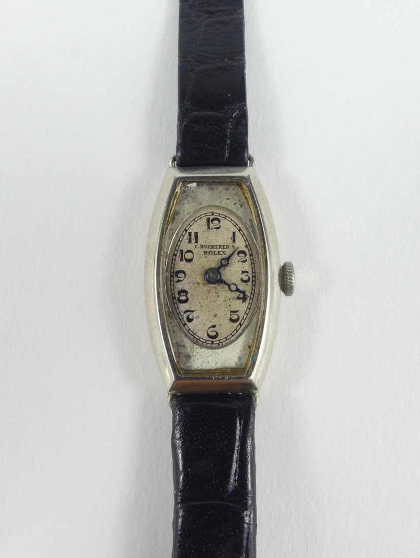 ROLEX ANTIQUE 9kt WHITE GOLD LADIES WRISTWATCH: Antique 9kt white gold ladies Rolex wrist watch. Swiss made, 6 pos, 1930's, fixed lugs. Triple signed. Original Rolex crown and Hirsch leather band. Case measures 16mm width x 29mm lug to lug. Overall