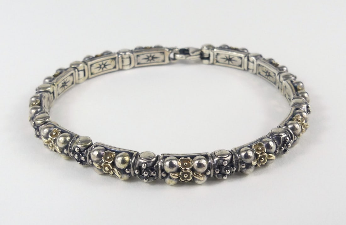 KONSTANTINO 18kt GOLD & STERLING SILVER BRACELET: Konstantino 18kt yellow gold and sterling silver bracelet. Marked Konstantino, 750, 925. Measures 7 1/4" length. Total weight 1.1ozt.