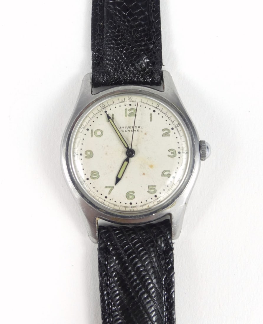 UNIVERSAL GENEVE 1940's SECTOR DIAL WRISTWATCH: Universal Geneve 1940's Sector Dial wrist watch. Stainless steel, cal 263, lizard band. Case measures 33mm width x 40mm lug to lug. Overall length 9 1/4".