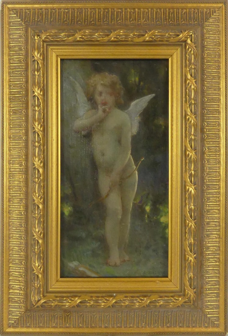 GUILLAUME SEIGNAC 'CUPIDON' OIL ON CANVAS: Oil painting on canvas depicting Cupid with bow attributed to Guillaume Seignac (French, 1870-1924). Signed lower right. Viewable measures 11 1/2" x 5 3/4". Frame measures 18 1/4" x 12 1/4" x 1 1/2". 