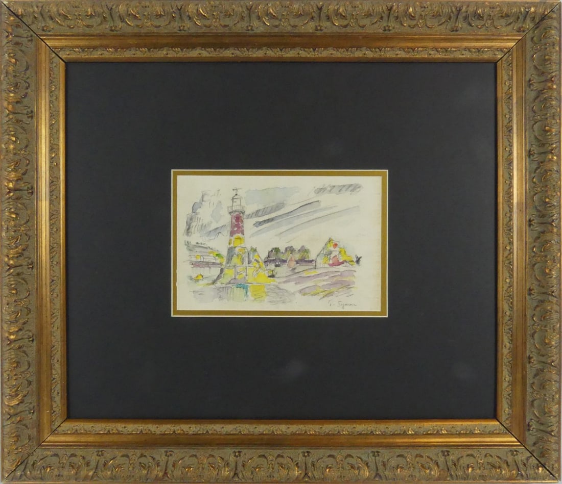 PAUL SIGNAC 'LE PHARE' WATERCOLOR ON PAPER: Watercolor and charcoal on paper attributed to Paul Victor Jules Signac (French, 1863-1935). Signed lower right. Holds Certificate of Authenticity from Stakenborg Fine Art, Sarasota, FL to verso. View