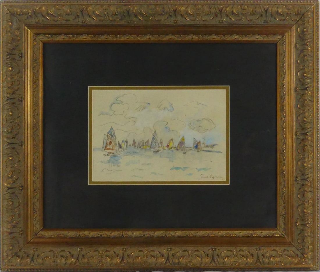 PAUL SIGNAC 'VOILIERS AU PORT' WATERCOLOR ON PAPER: Watercolor and graphite on paper attributed to Paul Victor Jules Signac (French, 1863-1935). Signed lower right. Holds Certificate of Authenticity from Stakenborg Fine Art, Sarasota, FL to verso. View