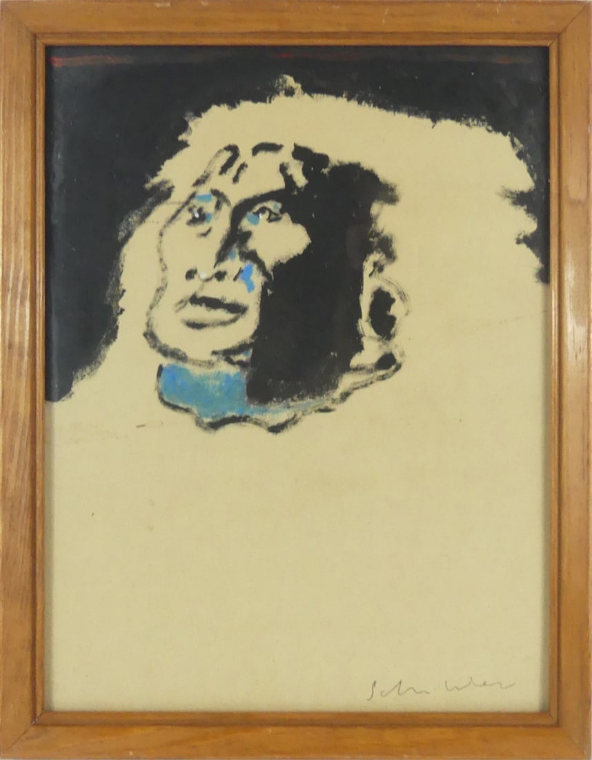 FRITZ SCHOLDER 'INDIAN' ACRYLIC & INK ON PAPER: Fritz Scholder (attributed) acrylic and ink on paper depicting a Native American Indian. Pencil signed lower right. Holds label to verso. Viewable measures 13 1/2" x 10 1/2". Frame measures 15 1/4" x 