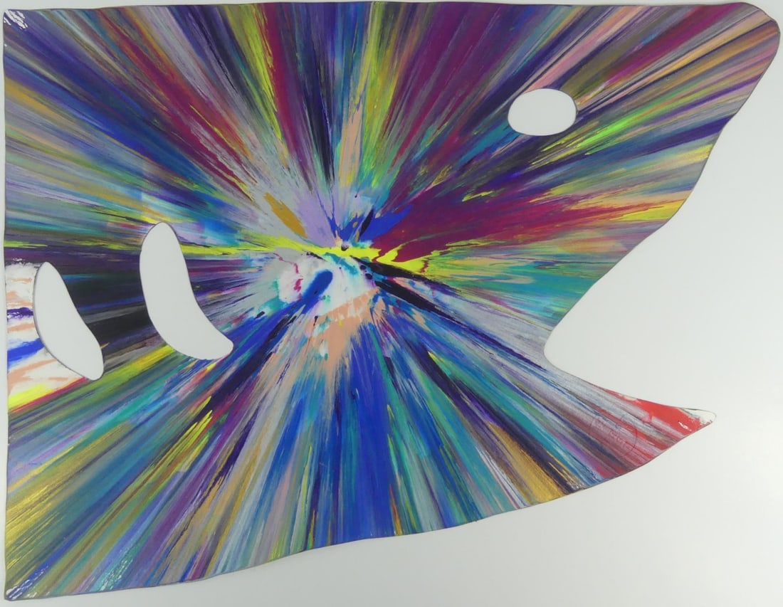 DAMIEN HIRST 'SHARK' SPIN PAINTING: Damien Hirst 'Shark Spin Painting' acrylic on die-cut wove paper. Stamped signature to verso. Holds blindstamp. Published by Punchuk Art Centre, Ukraine. Measures 26" x 19".