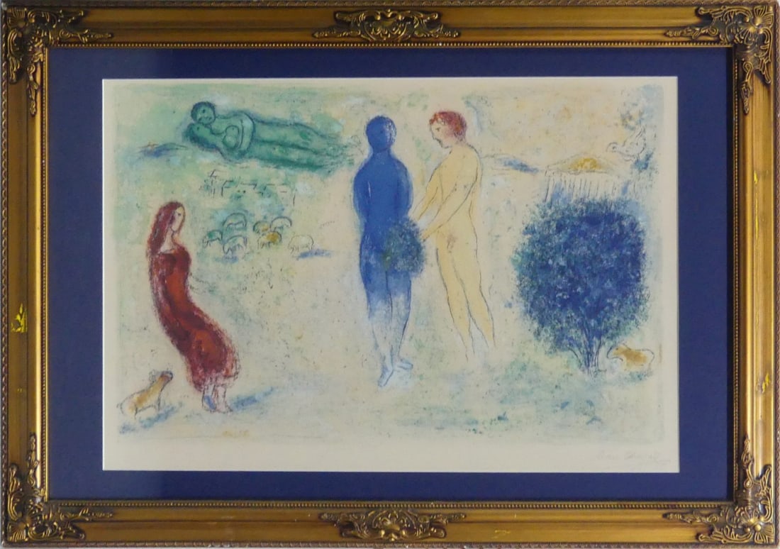 MARC CHAGALL 'LE JUGEMENT DE CHLOE': Marc Chagall 'Le Jugement de Chloe' (Chloe's Judgment) from the Daphis et Chloe series print in colors on wove paper. Pencil signed lower right. Viewable measures 29 3/4" x 20 1/2". Frame measures 40 