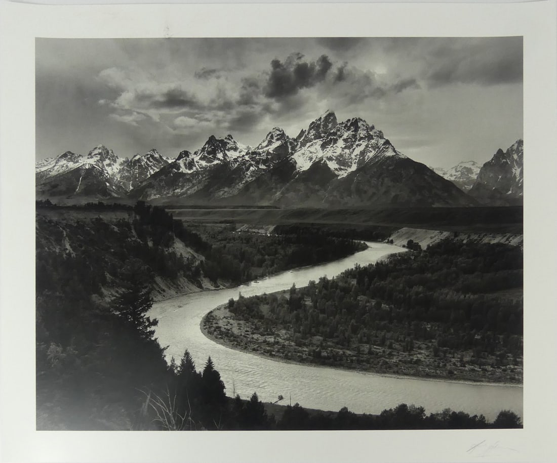 ANSEL ADAMS 'TETONS AND SNAKE RIVER' SIGNED: Ansel Adams 'The Tetons and the Snake River, Grand Teton National Park, Wyoming' photo litho. Pencil signed lower right. Sheet measures 22 1/2" x 18 5/8". Note: several impressions/scratches to sheet.