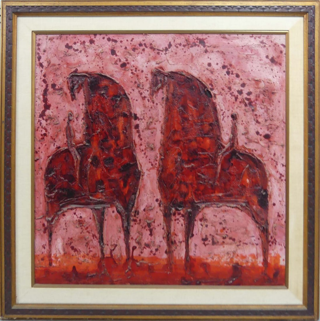 LUZON MODERNIST OIL PAINTING ON CANVAS: Luzon (American, 20th C) Modernist impasto oil painting on canvas depicting two horses with riders. Signed lower right. Holds label to verso. Viewable measures 35 1/2" x 35 1/2. Frame measures 44 3/4"