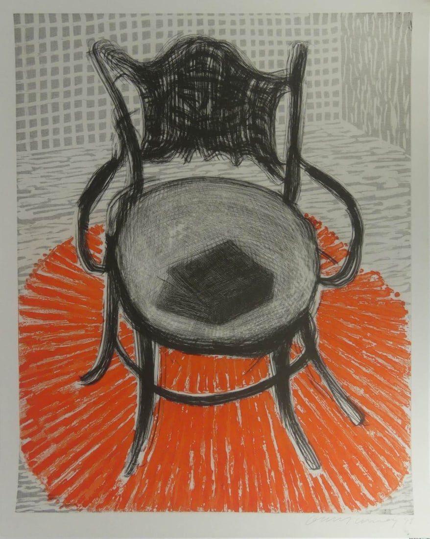 DAVID HOCKNEY 'CHAIR WITH BOOK ON RED CARPET': David Hockney 'Chair with Book on Red Carpet' print in colors on wove paper aside from the edition of 35. Pencil signed and dated 1998 lower right. Sheet measures 38" x 30 7/8".