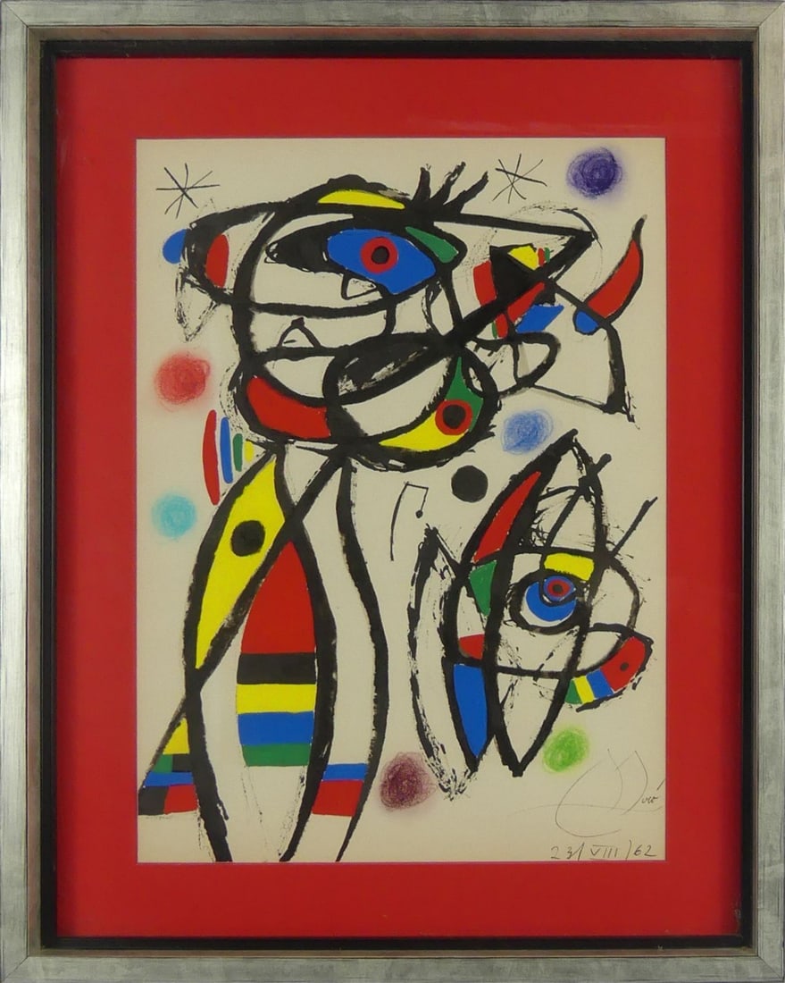 JOAN MIRO (MANNER) MIXED MEDIA ON PAPER: Manner of Joan Miro mixed media painting with oil, ink and pastel on paper depicting an abstract composition. Signed and numbered 23 (VIII) 62 in pencil lower right. Viewable measures 14 1/2" x 10 1/2
