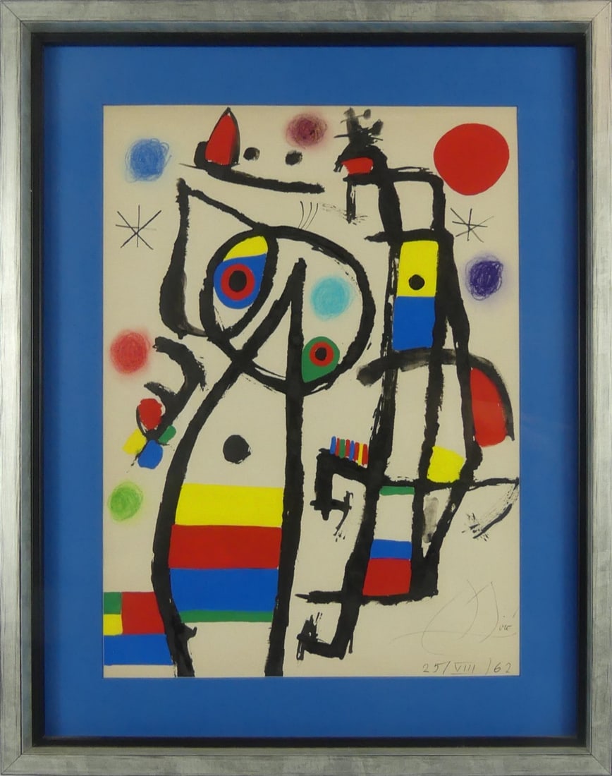 JOAN MIRO (MANNER) MIXED MEDIA ON PAPER: Manner of Joan Miro mixed media painting with oil, ink and pastel on paper depicting an abstract composition. Signed and numbered 25 (VIII) 62 in pencil lower right. Viewable measures 14 1/2" x 10 1/2