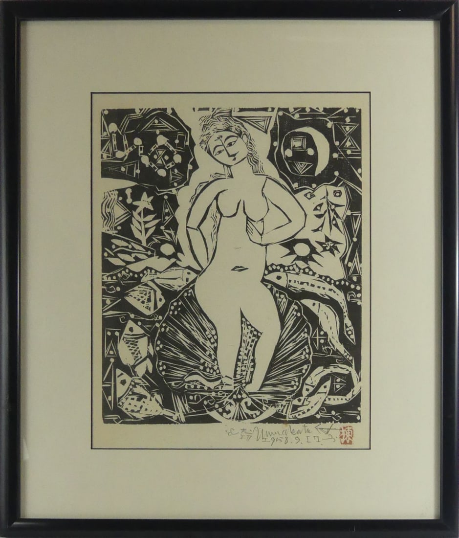 SHIKO MUNAKATA 'GODDESS' LITHOGRAPH: Shio Munakata (Japanese) 'Goddess' lithograph on Japan paper. Holds red seal lower right. Viewable measures 15" x 11 3/4". Frame measures 22 1/2" x 19 1/2" x 3/4".