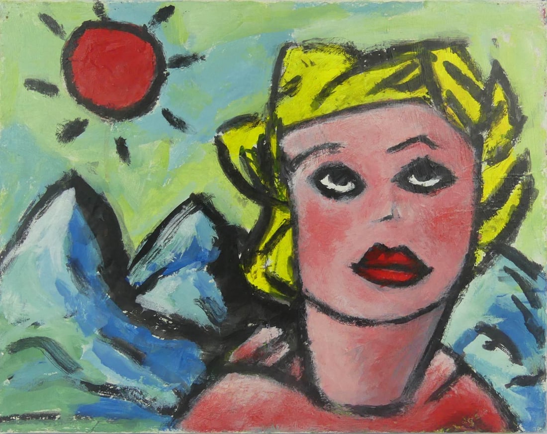 ROWLES PORTRAIT OIL PAINTING ON CANVAS: Oil painting on canvas depicting a portrait of a young blonde with red sun. Signed to verso. Measures 20" x 16" x 1".