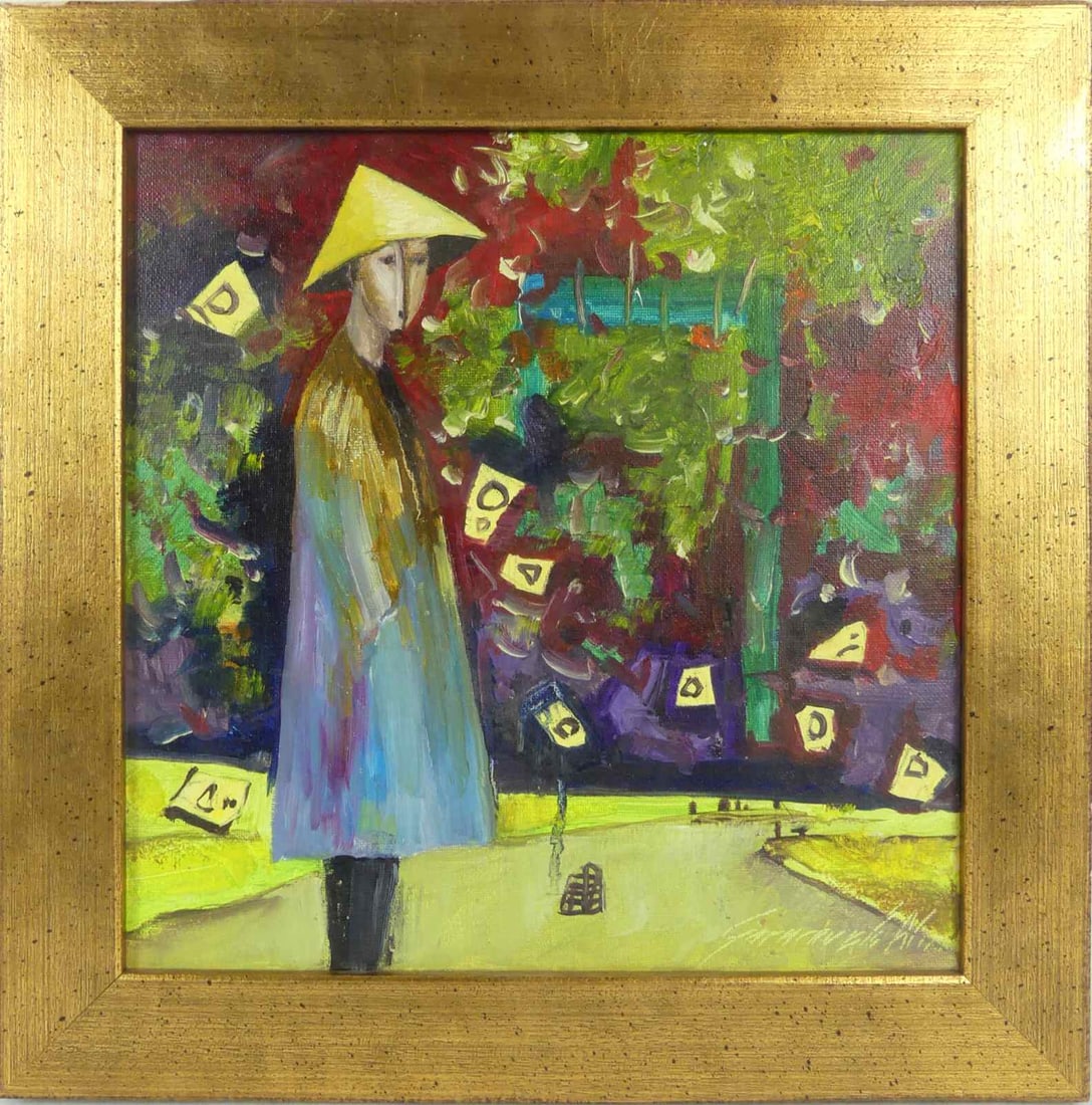 GARNCAREK ALEKSANDER OIL PAINTING ON CANVAS: Garncarek Aleksander (Polish) oil painting on canvas. Signed lower right. Titled, signed, dated 2019 and holds artist's stamp to verso. Viewable measures 11 1/2" x 11 1/2". Frame measures 15" x 15" x 