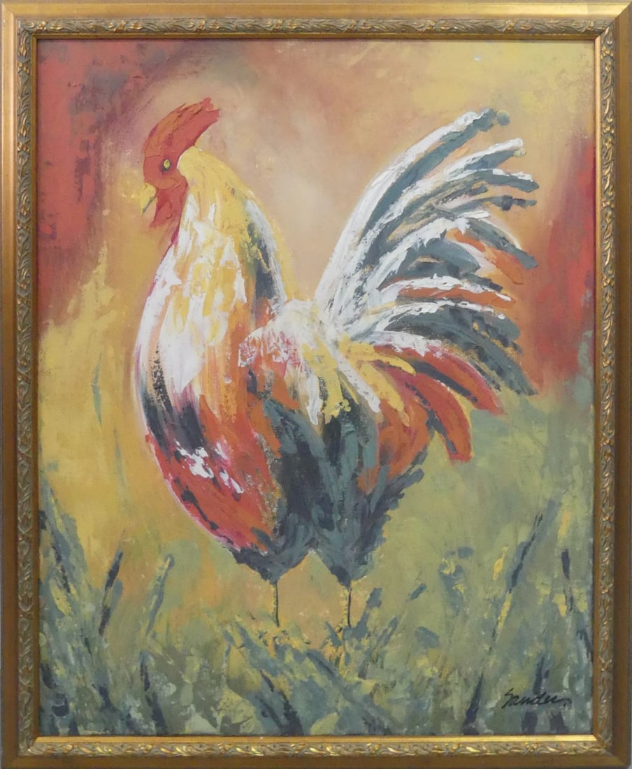UNKNOWN ARTIST OIL ON CANVAS OF ROOSTER SIGNED: Unknown artist oil painting on canvas depicting a rooster. Signed illegibly Sandu or Sandee (?) lower right. Viewable measures 29 1/2" x 23 1/2". Frame measures 33" x 27" x 1 1/2".