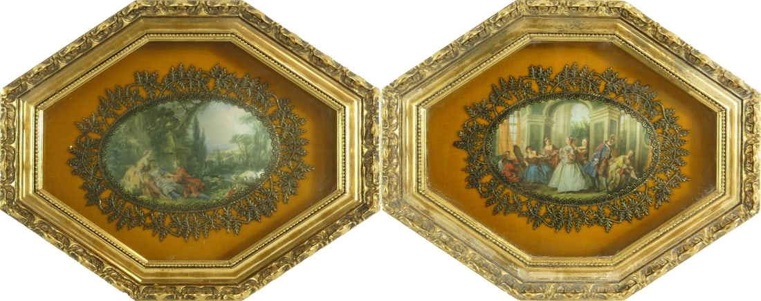 PR ROCOCO STYLE SHADOWBOX FRAMED PRINTS: Pair of French Rococo style prints on fabric depicting Aristocratic scenes in octagonal shadowbox frames. Each frame measures 12 1/8" x 10" x 1 1/2".