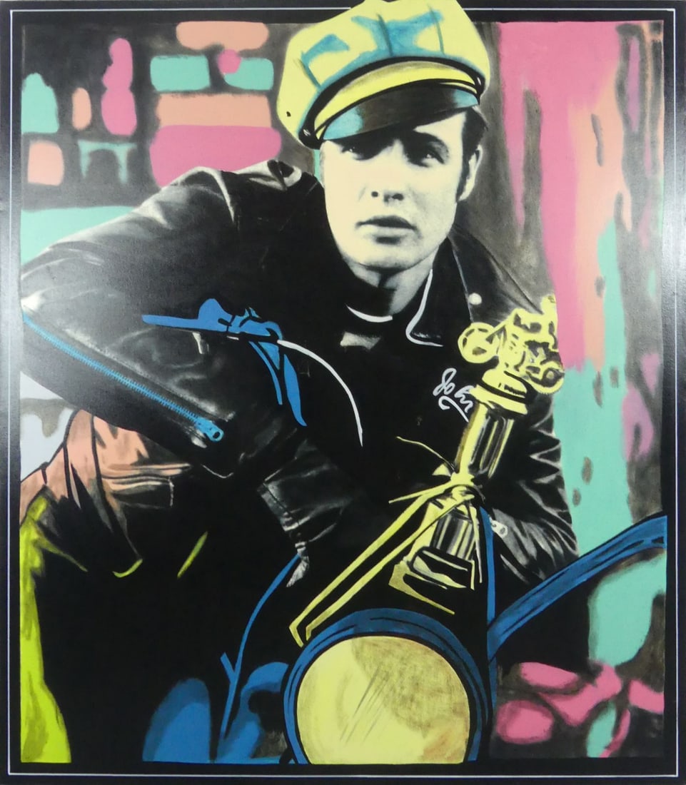 STEVE KAUFMAN 'MARLON BRANDO' OIL & SCREENPRINT: Steve Kaufman 'Marlon Brando' oil and screenprint on canvas. Signed to verso. Measures 60" x 53" x 1 3/4".