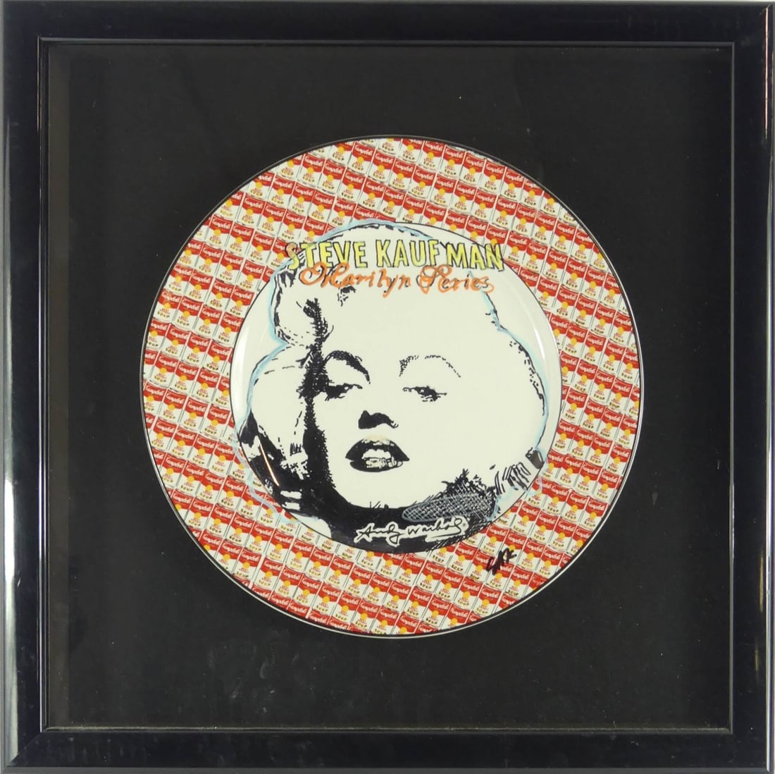 STEVE KAUFMAN x ANDY WARHOL PORCELAIN PLATE: Andy Warhol '100 Cans' Campbell's Soup porcelain plate by Block. Steve Kaufman marker drawing depicting Marilyn Monroe to center. Signed in black marker by Steve Kaufman to rim. Plate measures 10 5/8"