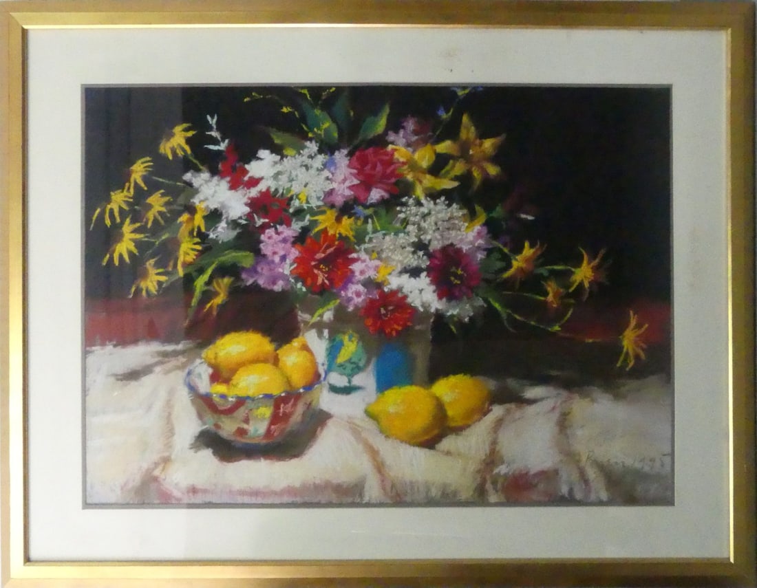 DALE PAYSON 'STILL LIFE w LEMONS' PASTEL ON PAPER: Dale Payson pastel on paper depicting a floral still life with flowers. Signed and dated 1995 lower right. Viewable measures 39 3/4" x 28 1/2". Frame measures 52 1/4" x 40 1/2" x 1 1/2".