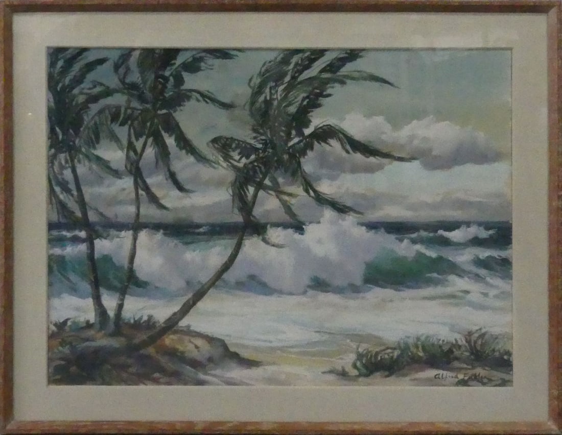 ALFRED FULLER 'COASTAL SCENE' OIL ON BOARD: Alfred Russel Fuller oil painting on board depicting a coastal beach scene with palm trees. Signed lower right. Viewable measures 28 1/2" x 20 3/4". Frame measures 34 1/2" x 27" x 1 1/2". Note: framed