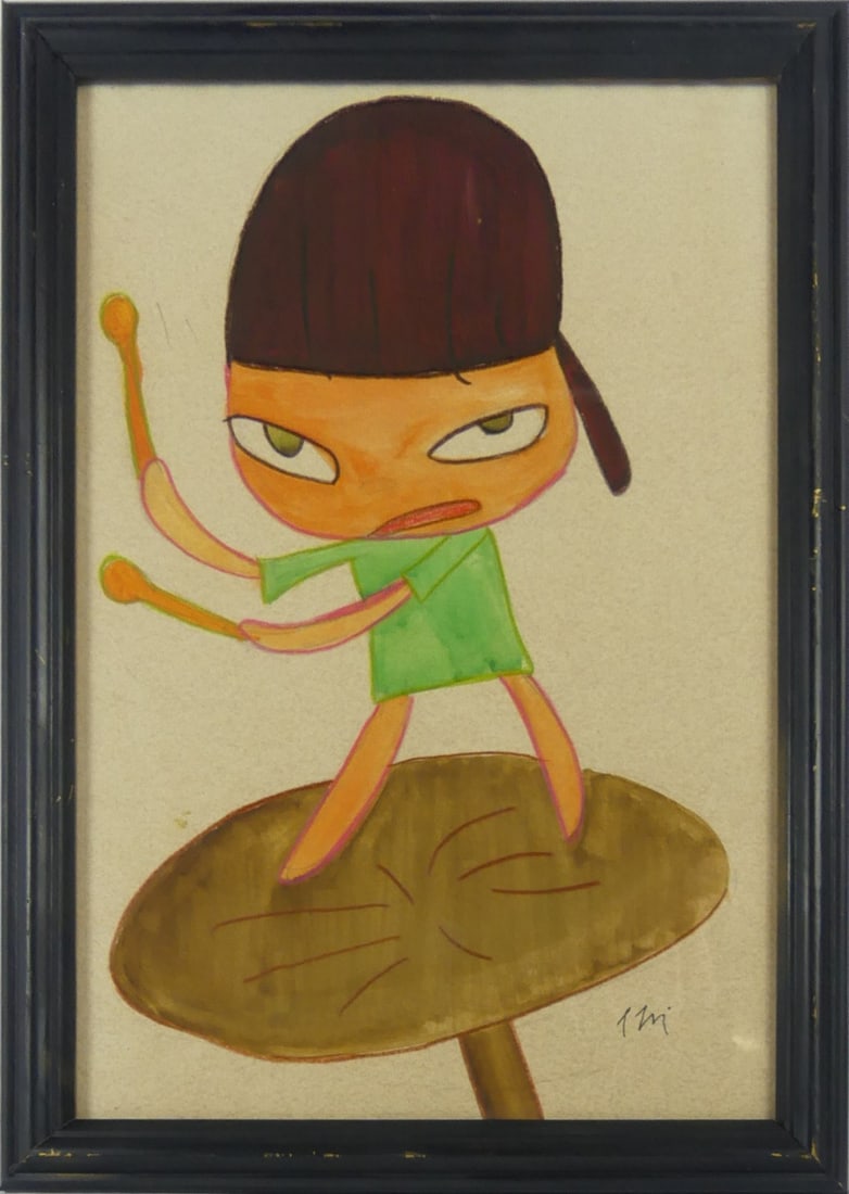 YOSHITOMO NARA (ATTR) MIXED MEDIA PAINTING /PAPER: Attributed to Yoshitomo Nara (Japanese, b. 1959) mixed media painting on paper. Signed lower right. Viewable measures 12 1/2" x 8 1/2". Frame measures 14 3/8" x 10 3/8" x 1 1/4".