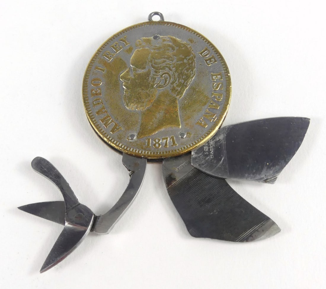 5 PESETA 1871 SILVER COIN 3 BLADE KNIFE: 1871 5 peseta Spanish silver coin 3 blade knife. Includes knife, scissors and file. Likely by Eloi Depose. Measures 1 5/8" x 1 1/2" closed.