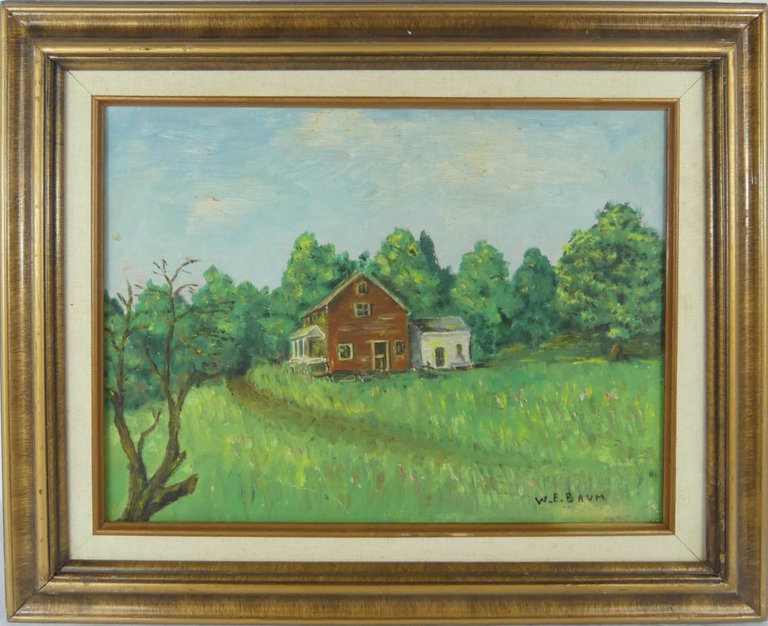 WALTER EMERSON BAUM 'PATTY HILL SMITH FARM' OIL: Attributed to Walter Emerson Baum oil painting on canvas board depicting a landscape with farmhouse. Signed lower right. Titled to verso. Viewable measures 15 3/8" x 11 1/4". Frame measures 21 1/4" x 