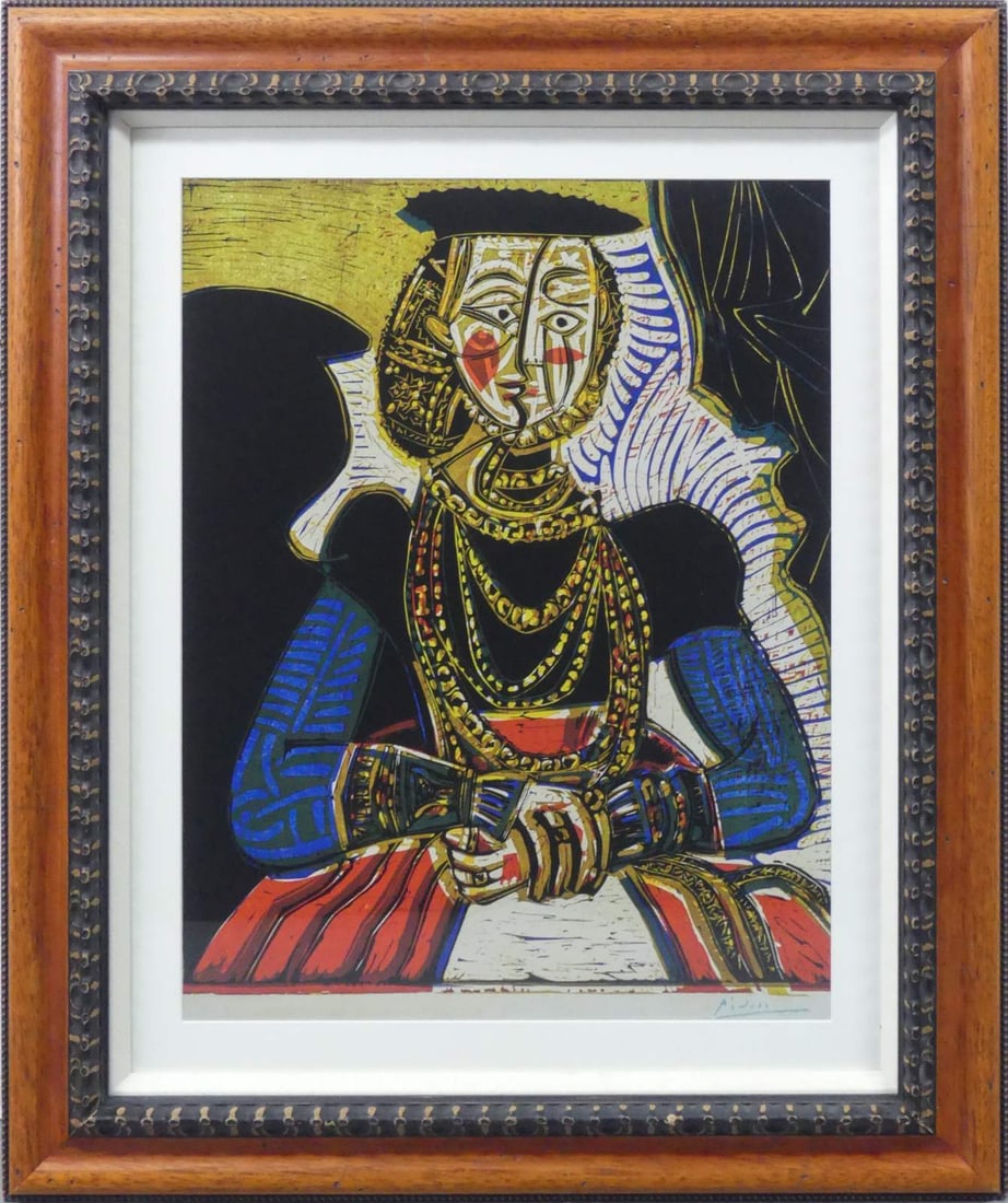 PABLO PICASSO 'PORTRAIT OF A LADY' SIGNED PRINT: Pablo Picasso 'Portrait of Lady, after Lucas Cranach the Younger' print in colors. Signed in blue crayon lower right. Viewable measures 26" x 20". Frame measures 37 1/2" x 31 1/4" x 2".