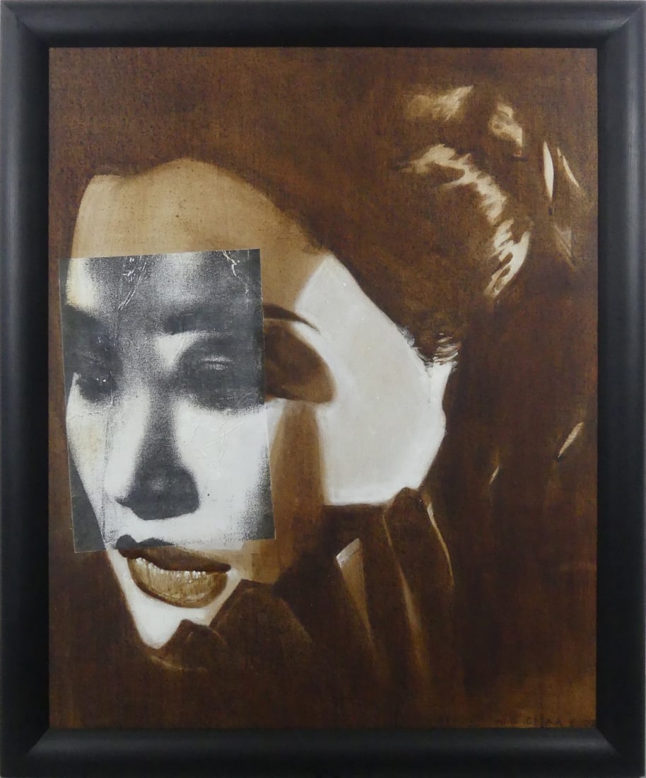 UNKNOWN ARTIST PORTRAIT PAINTING w COLLAGE (1 of 5)