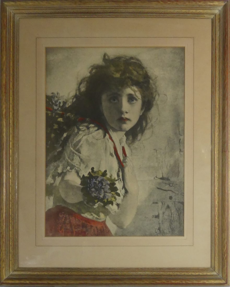 GEORGE ELGAR HICKS 'PENNY A BUNCH' LITHOGRAPH: George Elgar Hicks (British, 1824-1914) lithograph depicting a portrait of a blue-eyed girl. Signed in the plate lower right. Viewable measures 20 3/4" x 15 1/2". Frame measures 32" x 26" x 1 1/4".