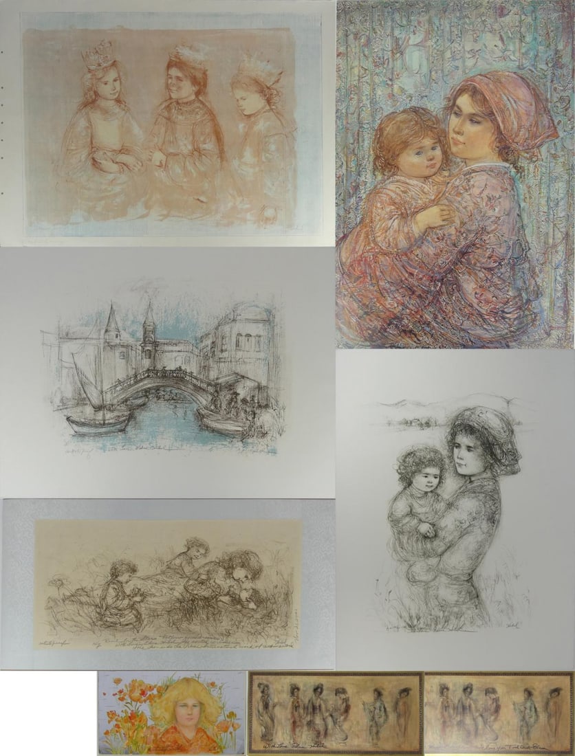 8PC EDNA HIBEL LITHOGRAPHS AND PRINTS: Collection of Edna Hibel lithographs, posters and prints. Some pieces are hand signed. Largest measures