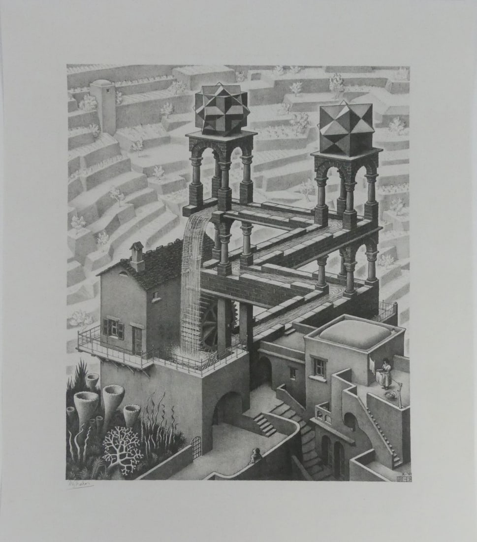 M.C. ESCHER 'WATERFALL' OFFSET LITHOGRAPH: Maurits Cornelis Escher 'Waterfall' offset lithograph after the original plate. Signed in the plate lower left. Sheet measures 19 5/8" x 16 3/8".