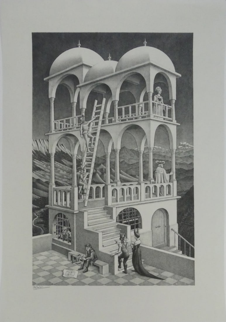 M.C. ESCHER 'BELVEDERE' OFFSET LITHOGRAPH: Maurits Cornelis Escher 'Belvedere' offset lithograph after the original plate. Signed in the plate lower left. Sheet measures 23" x 16 1/8".