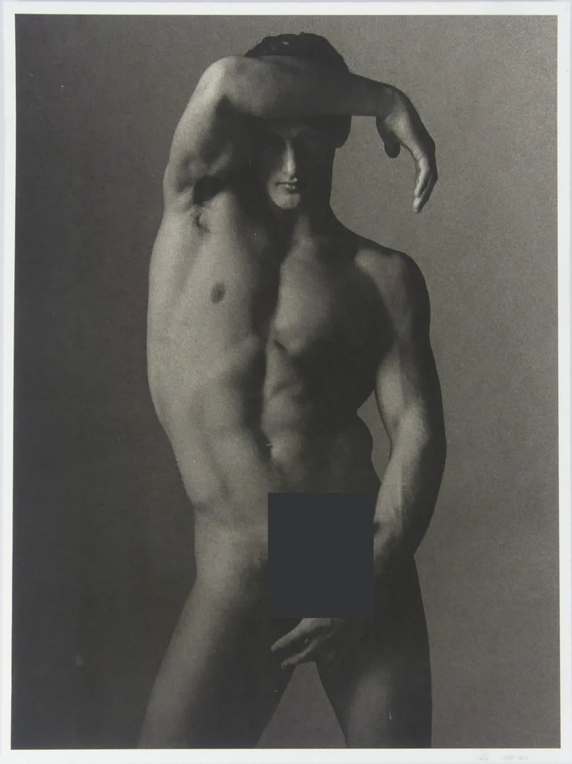 KEN HAAK 'MALE NUDE' PHOTO LITHOGRAPH: Ken Haak 'Male Nude' photo-litho. Mounted on conservation board. Measures 9 7/8" x 7 1/4",