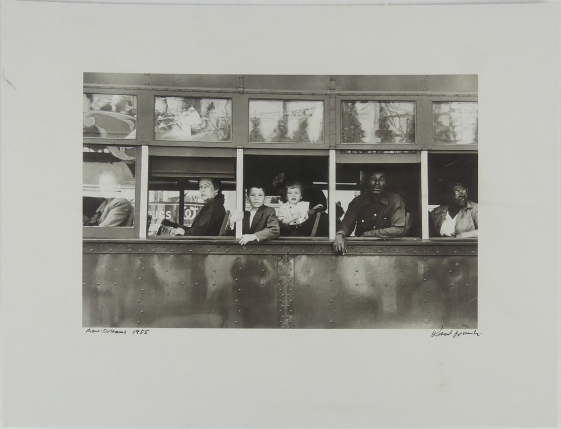 ROBERT FRANK 'TROLLEY, NEW ORLEANS': Robert Frank 'Trolley, New Orleans' photo print. Signed, titled and dated in the plate. Mounted on conservation board. Measures 13 1/4" x 10 1/8".