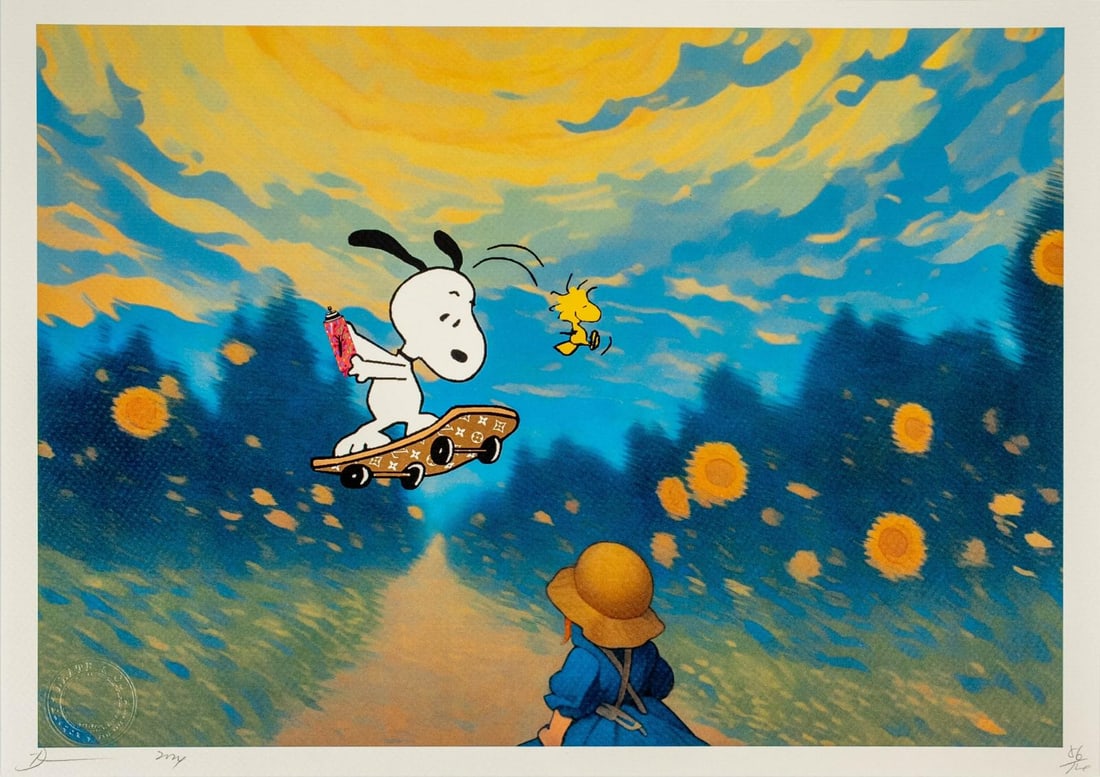 DEATH NYC 'PEANUTS x LV' LITHOGRAPH: Death NYC lithograph depicting Snoopy on a Louis Vuitton skateboard with Woodstock. Numbered 86/120 lower right. Signed, dated and holds blindstamp lower left. Sheet measures 17 3/4" x 12 3/4".