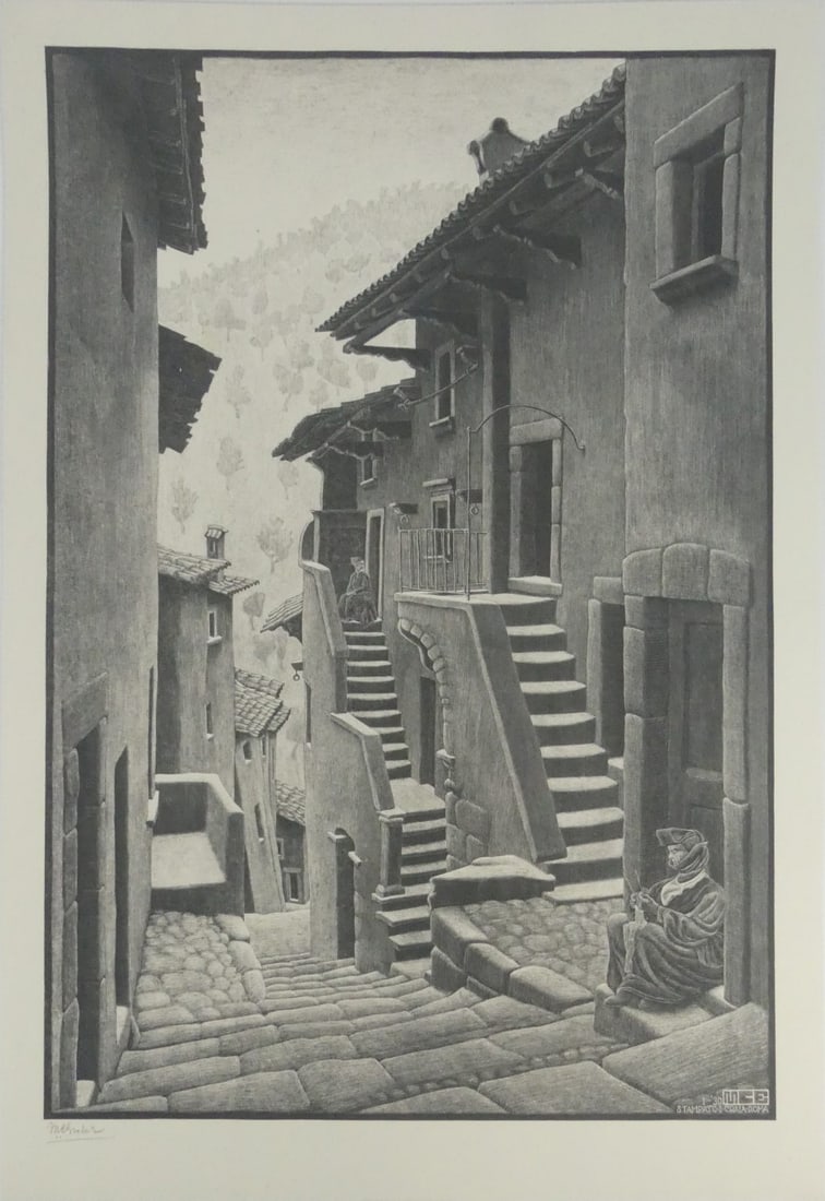 M.C. ESCHER 'STREET IN SCANNO' OFFSET LITHOGRAPH: Maurits Cornelis Escher 'Street in Scanno, Abruzzi' offset lithograph after the original plate. Signed in the plate lower left. Sheet measures 29 1/8" x 20 1/4".