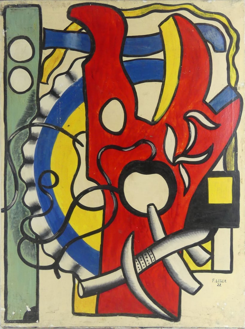 NATURE MORTE OIL ON CANVAS AFTER FERNAND LEGER: After Fernand Leger oil painting on canvas depicting an abstract composition. Signed and dated 1922 lower right. Holds label to verso. Measures 31 1/2" x 23 1/2".