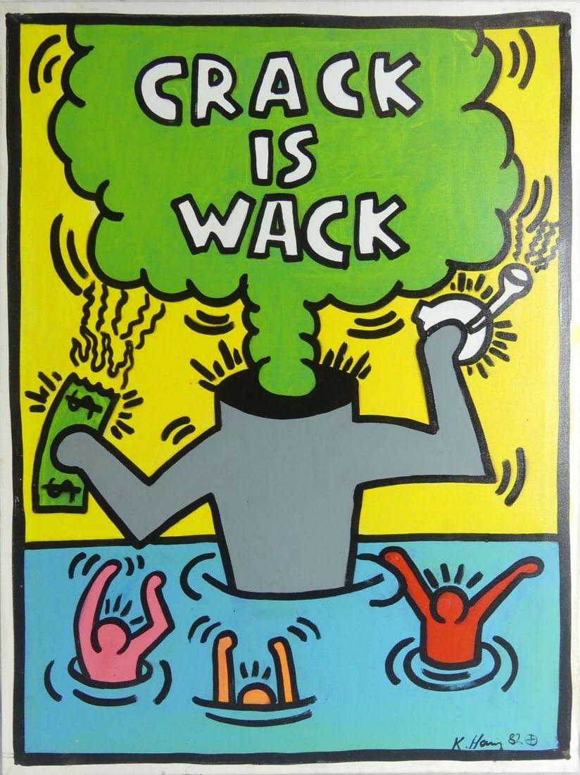 CRACK IS WACK ACRYLIC ON CANVAS AFTER KEITH HARING: After Keith Haring 'Crack is Wack' acrylic painting on canvas. Signed and dated 1982 lower right. Signed, dated, stamped and holds label to verso. Measures 31 1/2" x 23 1/2".