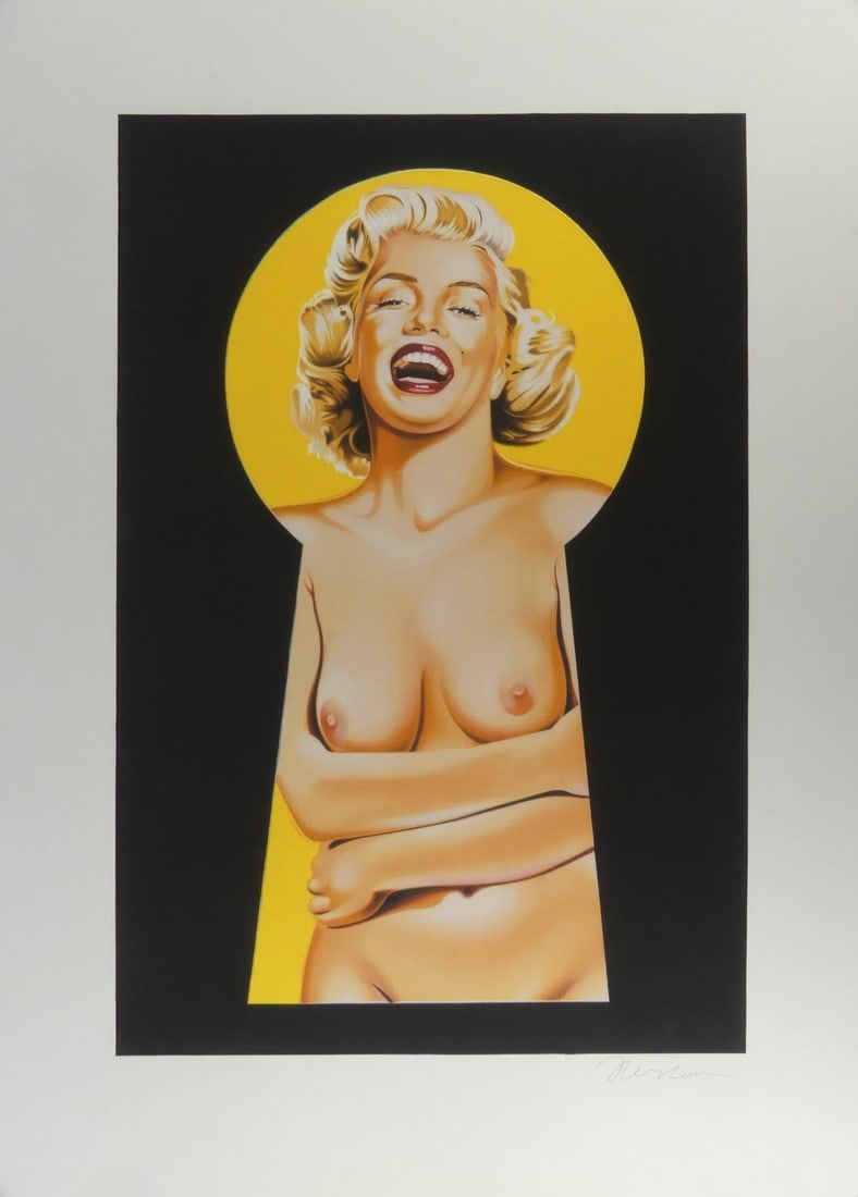 NUDE MARILYN IN KEYHOLE SIGNED PRINT: Print in colors on wove paper depicting Marilyn Monroe nude in a keyhole shape with yellow ground. Pencil signed lower right. Sheet measures 31 5/8" x 22 3/4".