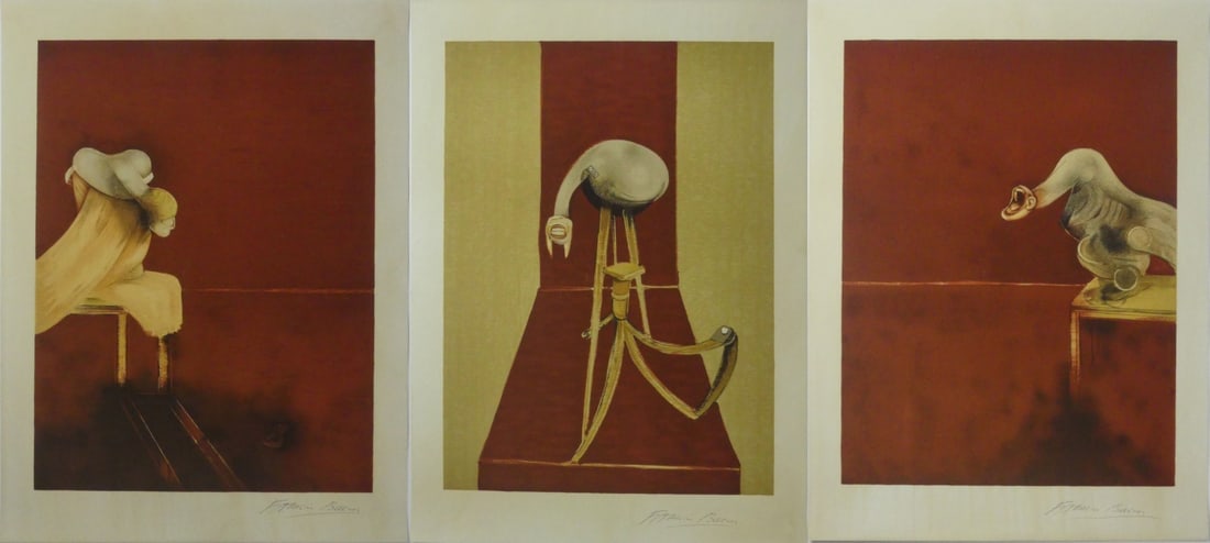 FRANCIS BACON 'SECOND VERSION OF TRIPTYCH': Francis Bacon 'Second Version of Triptych' print in colors on wove paper. Each sheet pencil signed to lower right margin. Each sheet measures 29 1/2" x 22".