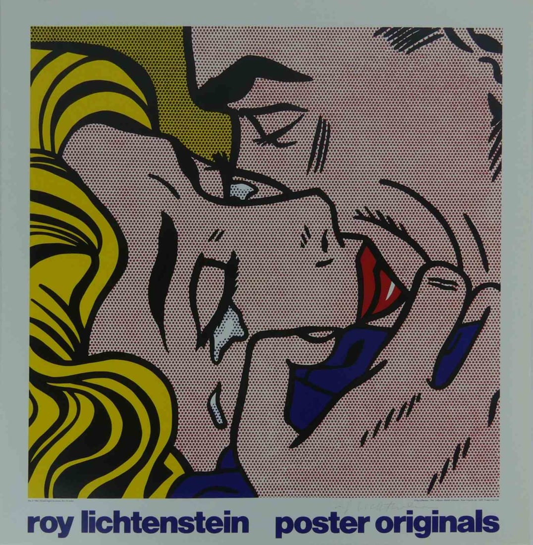 ROY LICHTENSTEIN 'KISS V' SIGNED POSTER: Roy Lichtenstein 'Kiss V' offset lithographic poster. Pencil signed lower right. Sheet measures 18 7/8" x 18 1/4".